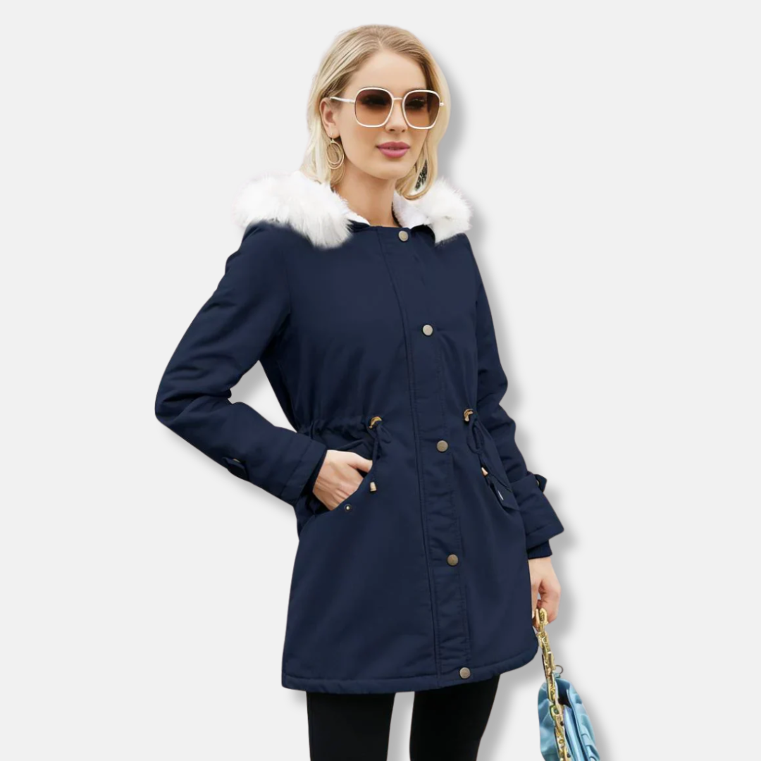 Ladies parka coat – Relaxed fit – Adjustable waist – Detachable faux-fur collar – Lined – Mid-length