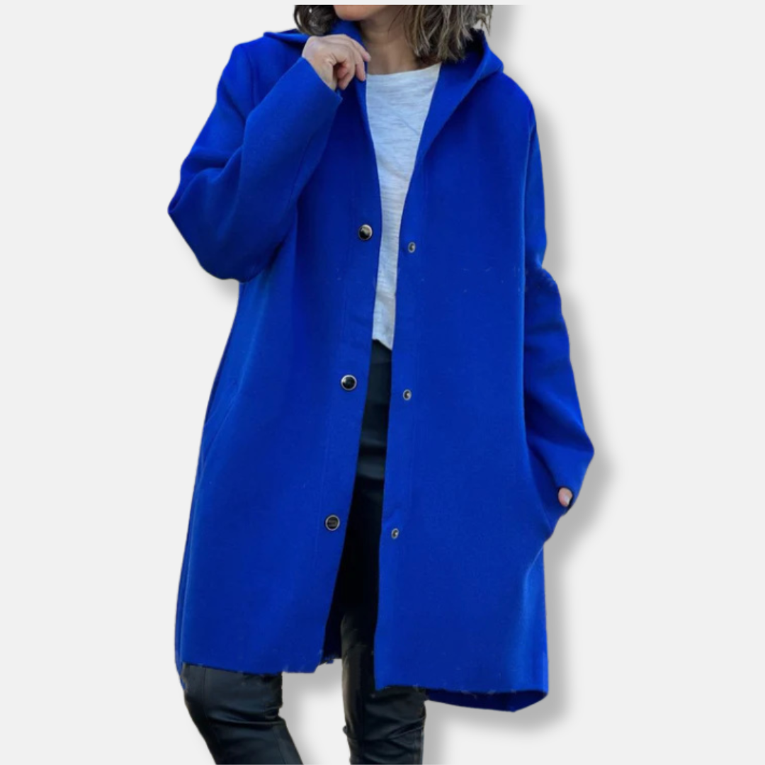 Women's Long Coat with Hood – Wool Blend – Relaxed Fit – Snap Button Closure – Mid-Length