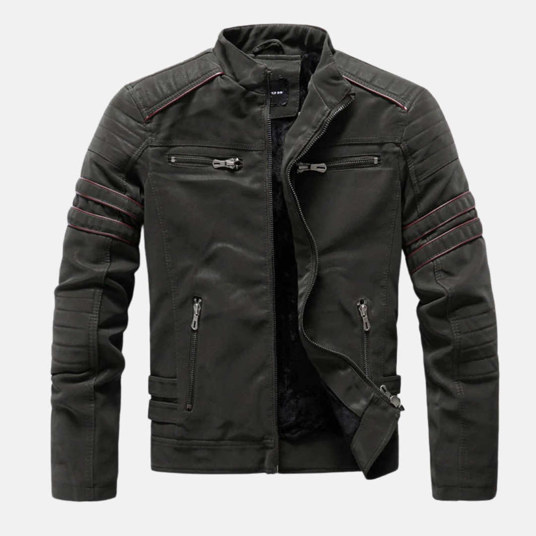 Men's Jacket - Faux Leather - Slim Fit - Stand Collar - Quilted Rib Panels