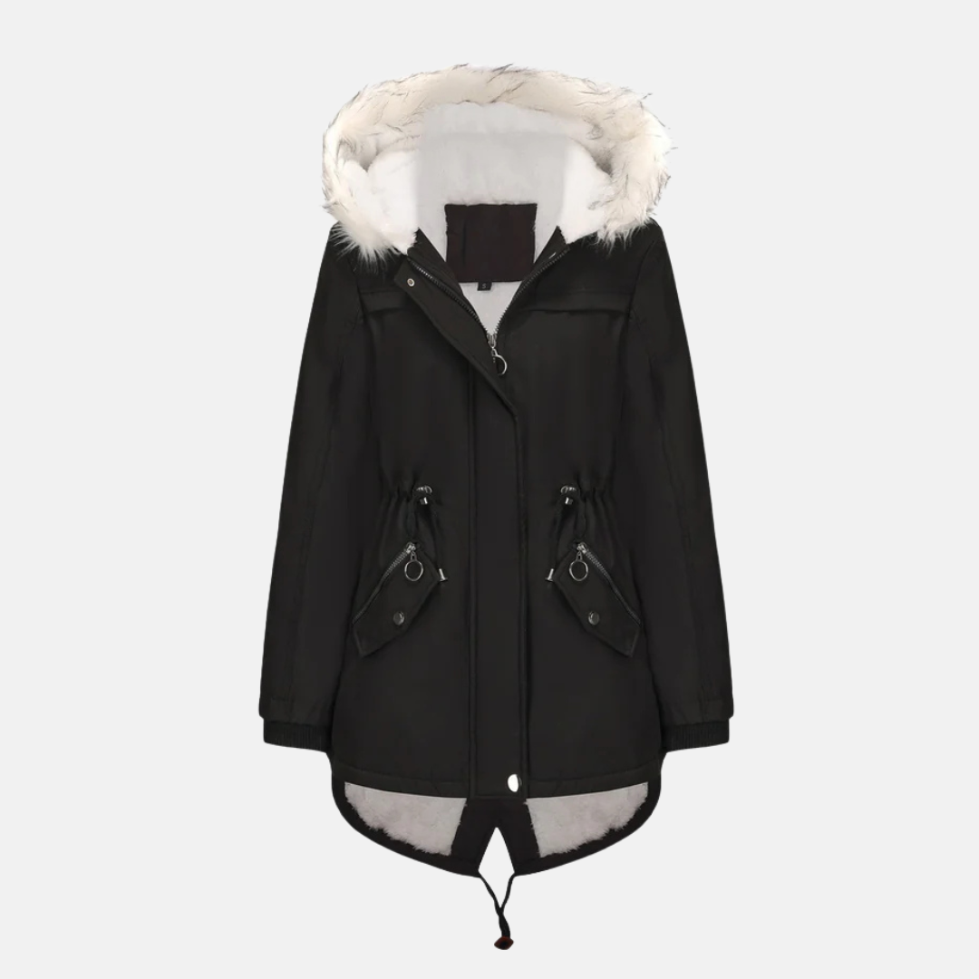 Women's Coat – Mid-length – Regular Fit – Adjustable Waist – Hood with Fur Trim