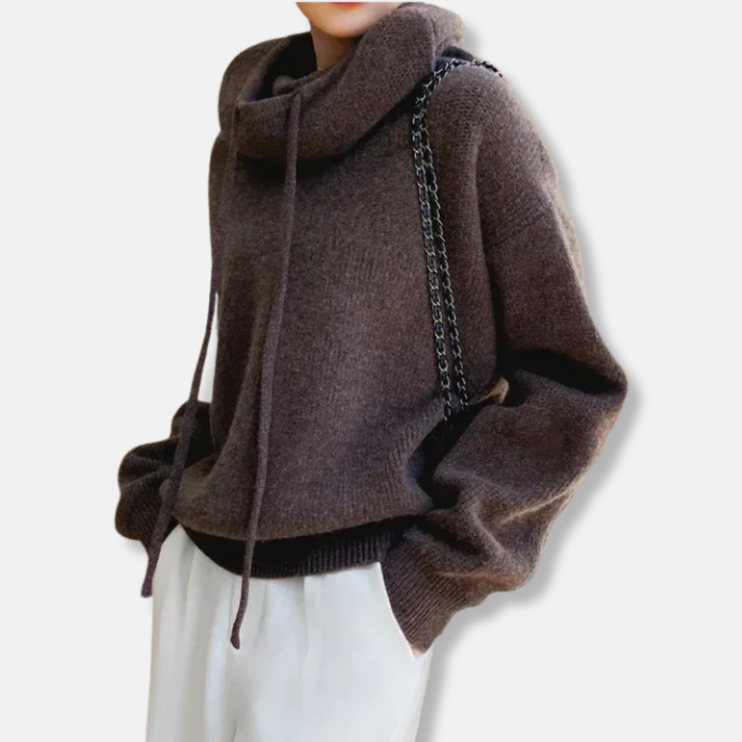 Ladies Sweater – Oversized Knit – Cowl Neck with Drawstring – Soft Warm Fabric