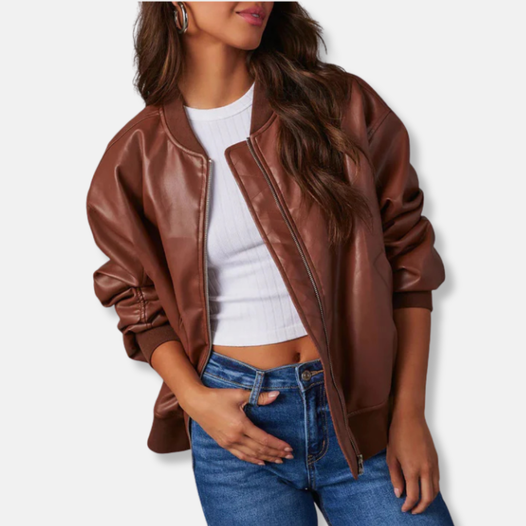 Women's leather bomber jacket – Oversized fit – Ribbed trims – Front zip fastening
