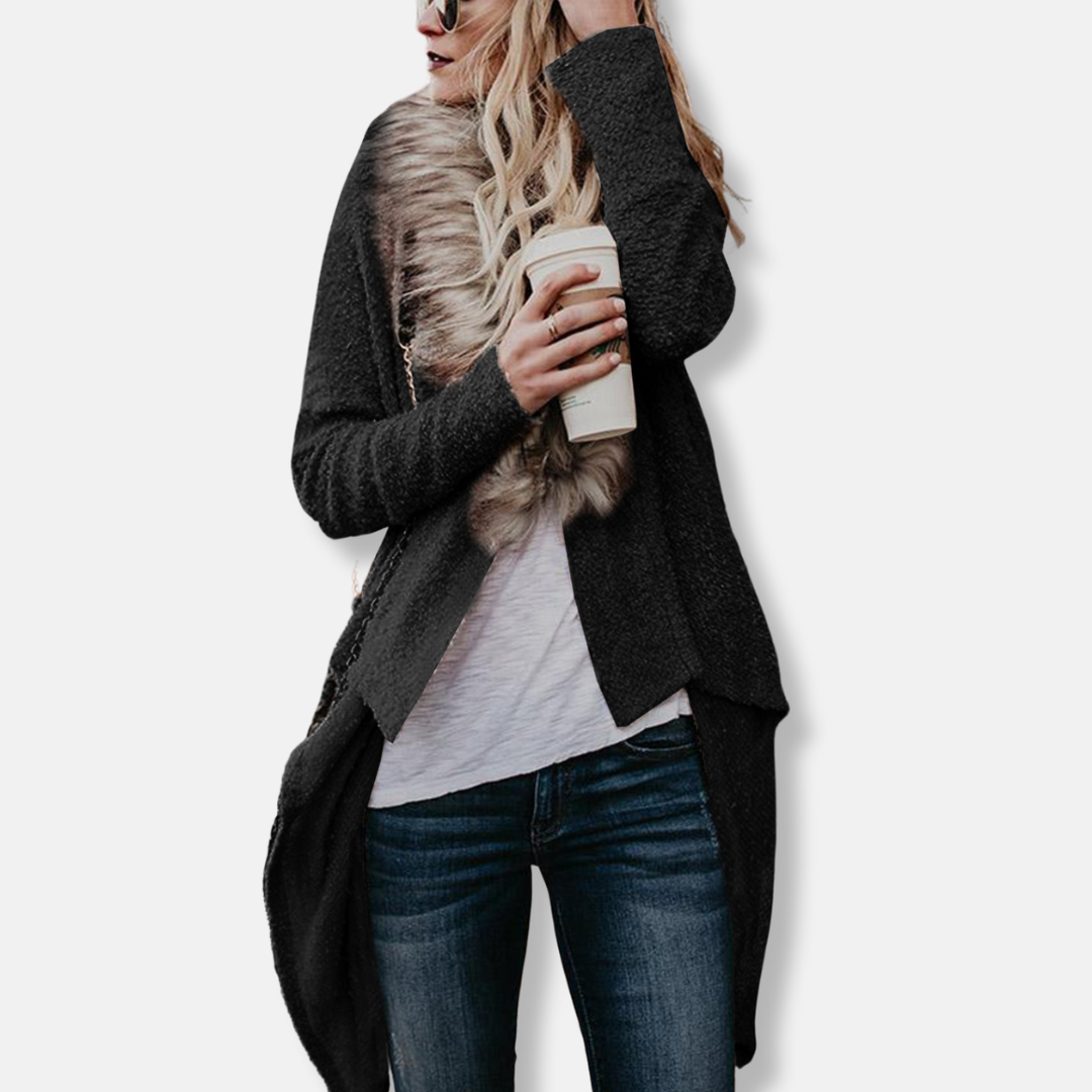Ladies cardigan coat – Loose fit – Knitted – Faux fur collar – Open front with draping