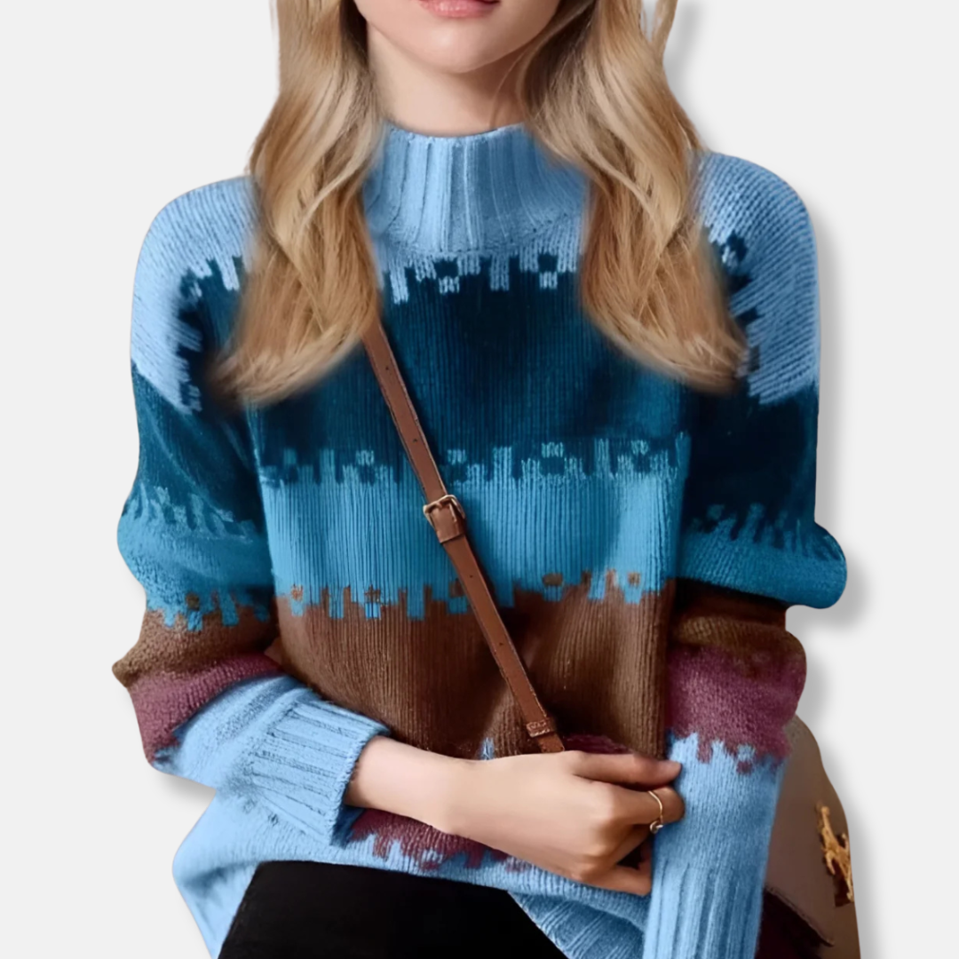 Ladies Pullover Sweater - Knitted - Relaxed Fit - Half Turtleneck - Ribbed Cuffs