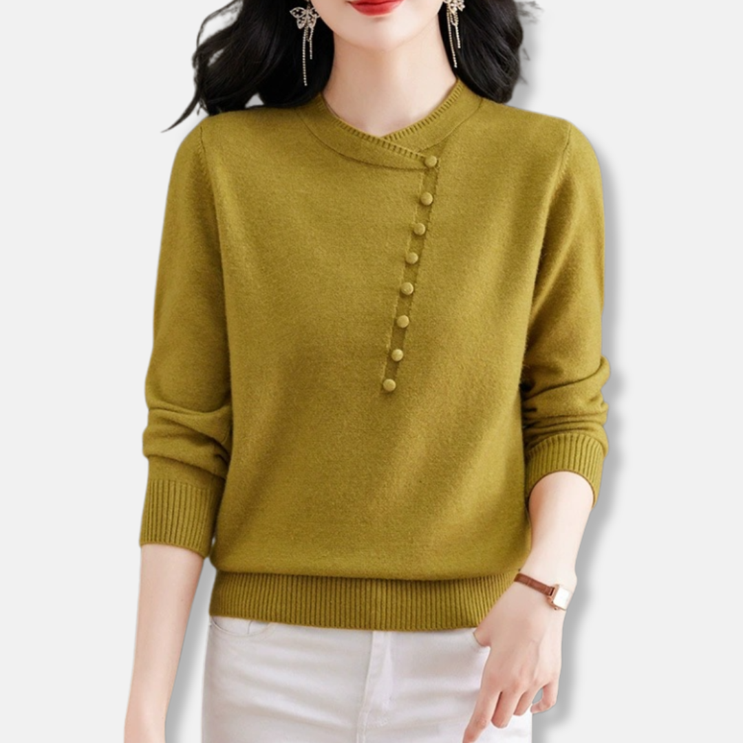 Women's Knitted Top – Relaxed Fit – Asymmetrical Neckline – Knot Detail – Ribbed Edges