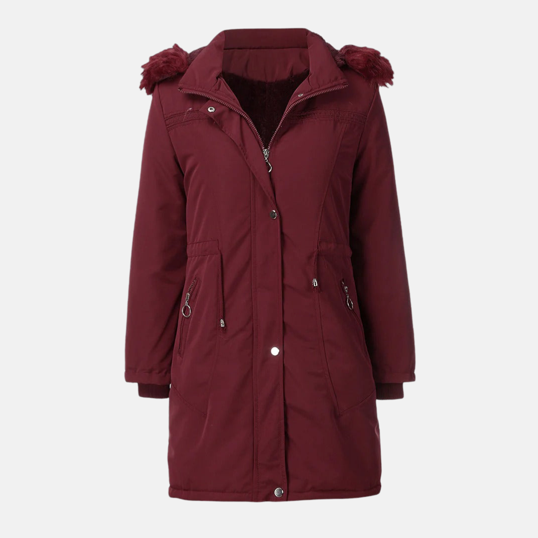 Women's long coat – Lined – Mid-length – Hood with faux fur – Drawstring waist