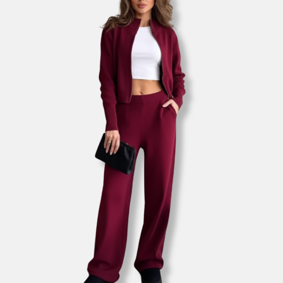 Ladies Two-Piece Set – Knitted – Cropped Zip-Top – High Waist Wide Leg Pants