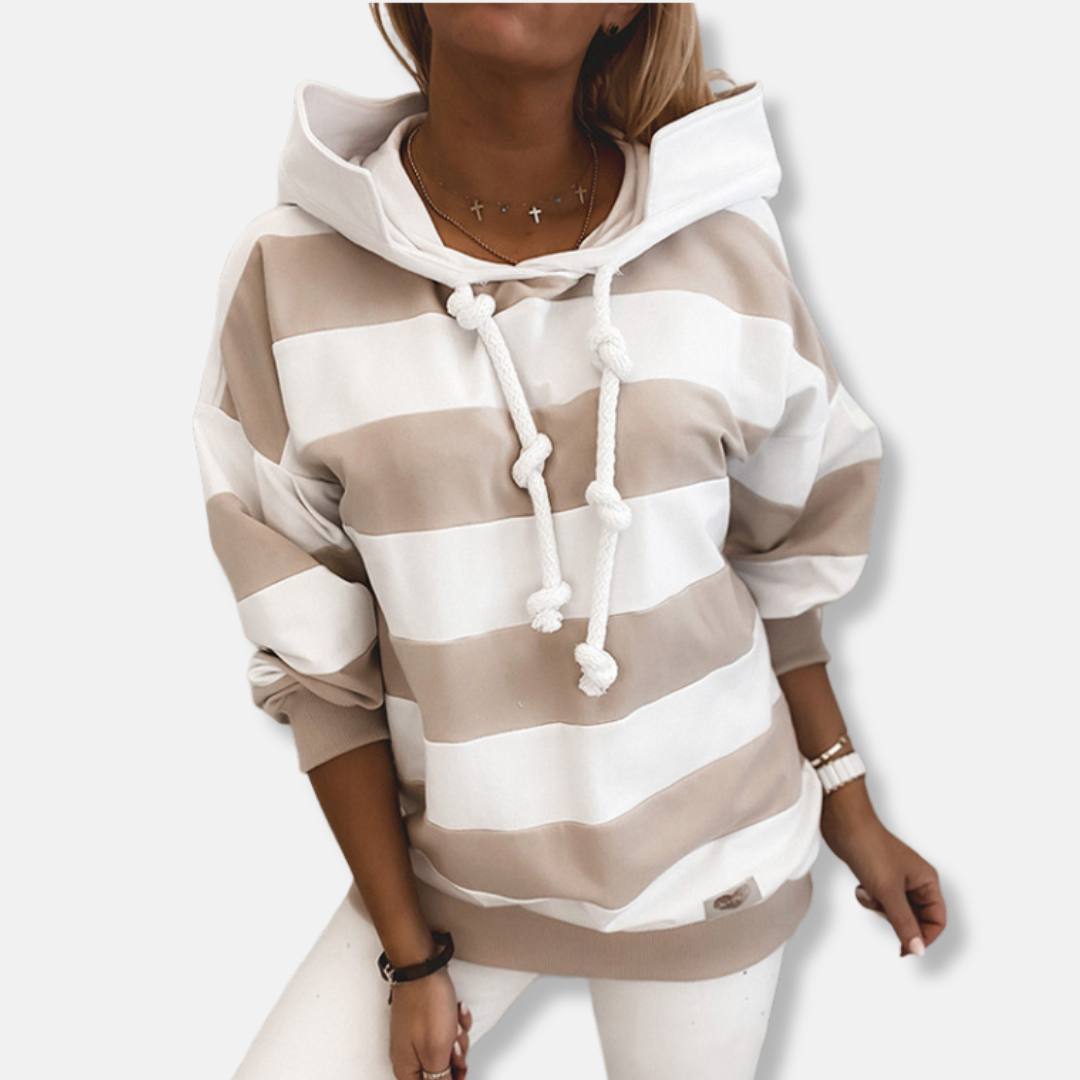 Women's Hoodie – Oversized Fit – Cotton Blend – Striped – Ribbed Trims – Knotted Drawcord