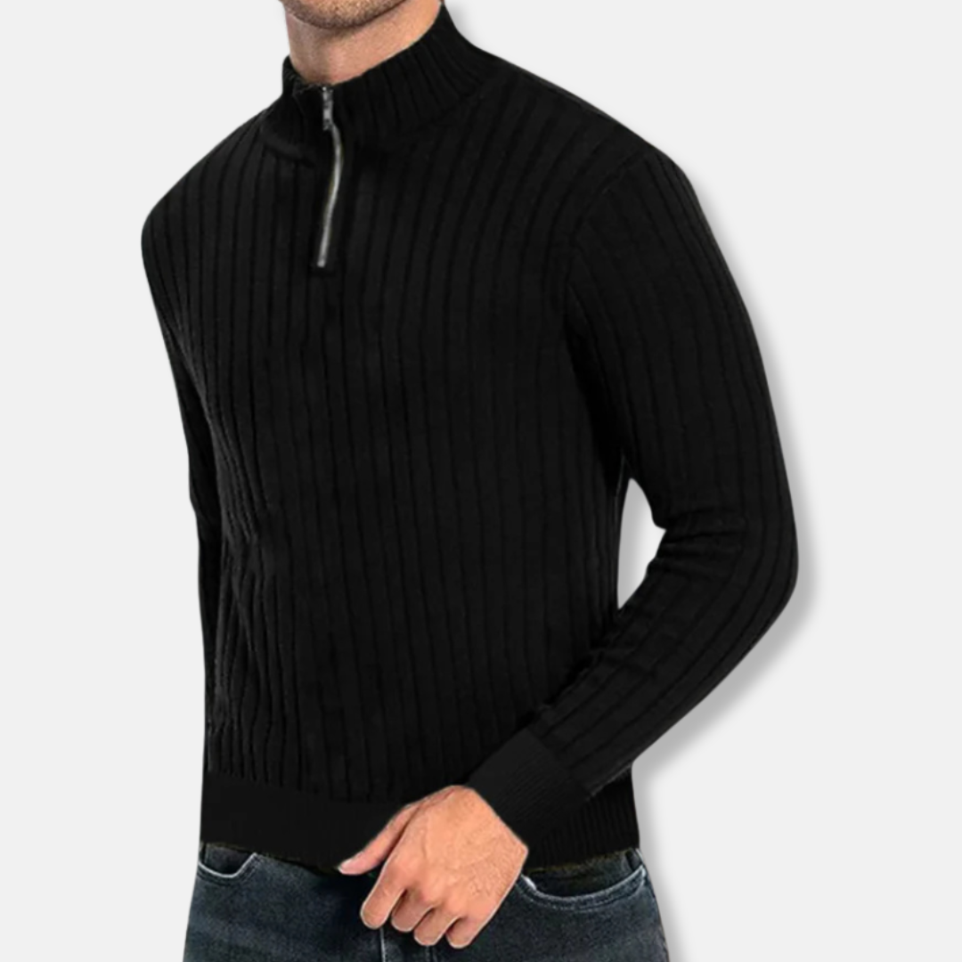 Men's Sweatshirt – Regular Fit – Ribbed Cotton – Mock Neck with Zipper – Long Sleeves