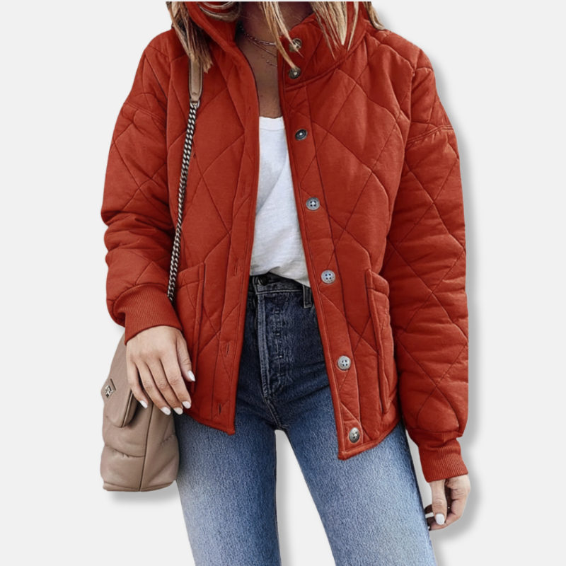 Women's Quilted Jacket – Relaxed Fit – Diamond Stitching – Stand-up Collar – Buttons
