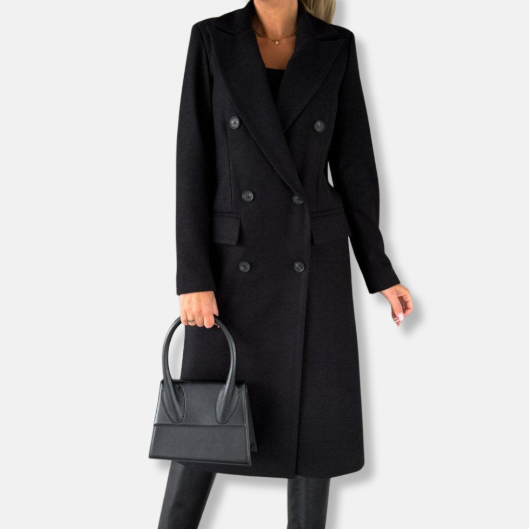 Women's Long Coat – Wool Mix – Fitted Model – Double Row Buttons – Notched Lapel