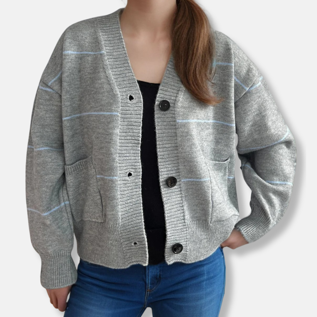 Ladies' Cardigan – Loose Fit – V-neck – Ribbed Edges – Striped Knit – Pocket Details