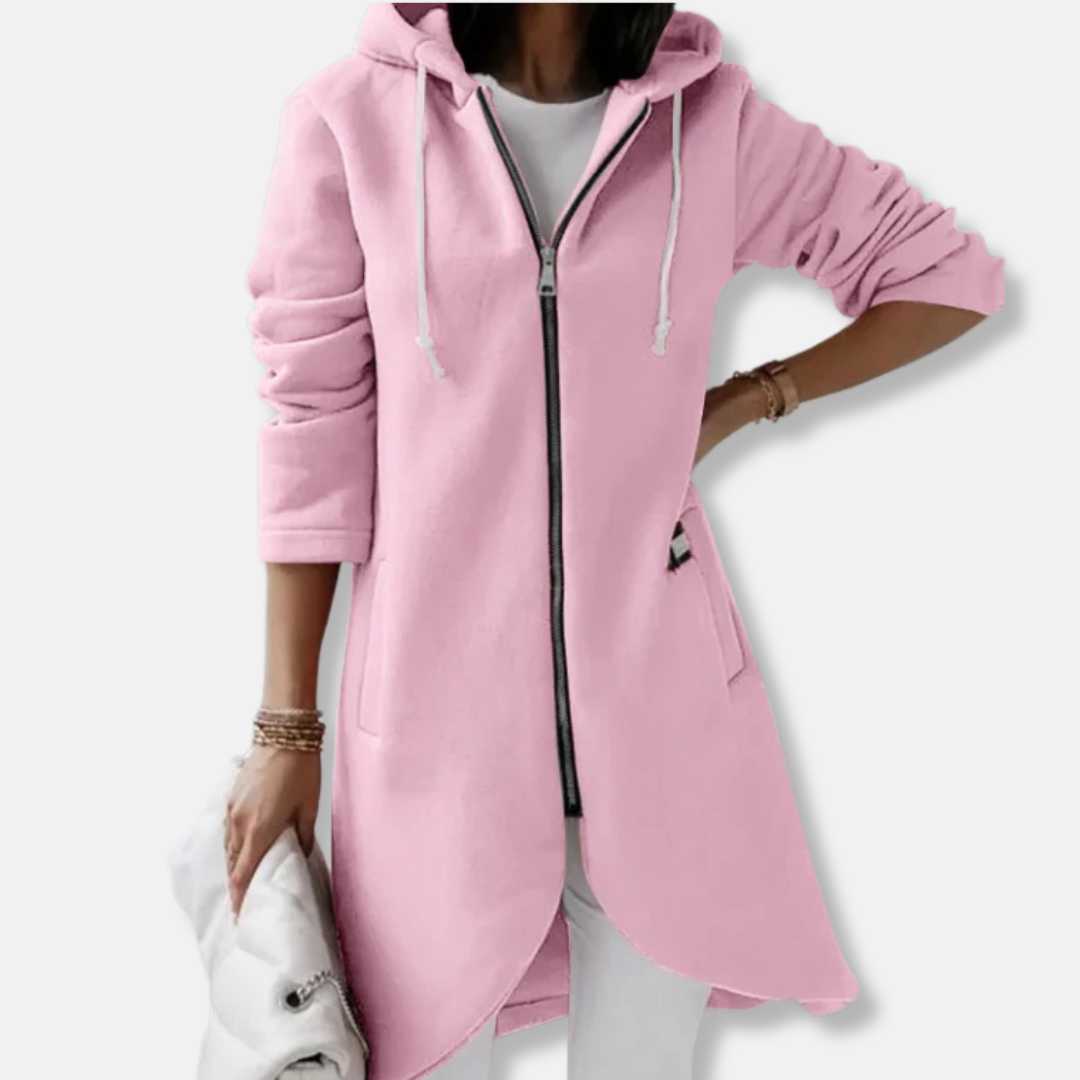 Women's Long Hoodie – Fleece Material – Relaxed Fit – Asymmetrical Hem – Zip Front Closure