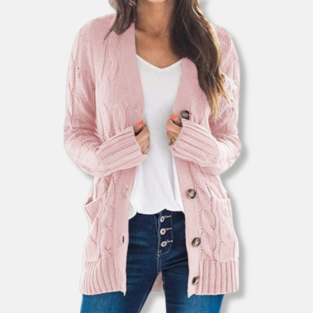 Women's cardigan – Wool knit – Relaxed fit – Mid-length – Button closure – Patch pockets