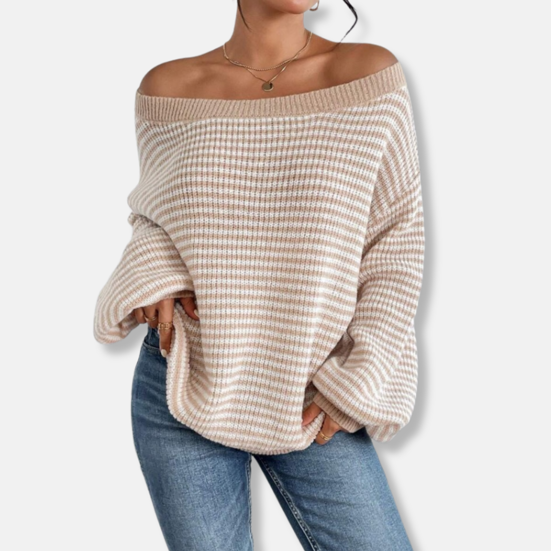 Women's Knitted Sweater – Loose Fit – Boat Neck – Lantern Sleeves – Striped Texture Design