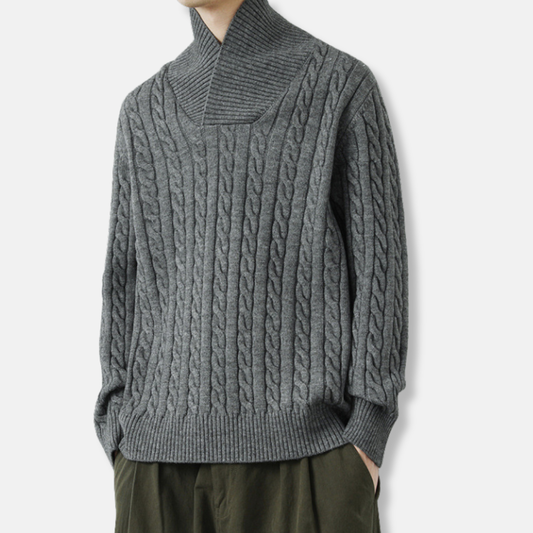 Men's Sweater - Wool Blend - Shawl Collar - Cable Pattern - Ribbed Edges