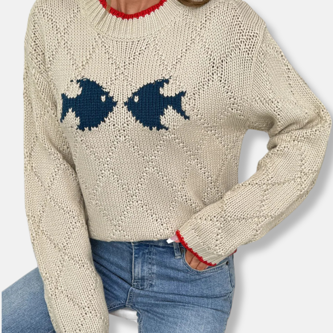 Women's Sweater – Relaxed Fit – Wool Blend – Diamond Pattern – Contrasting Trims