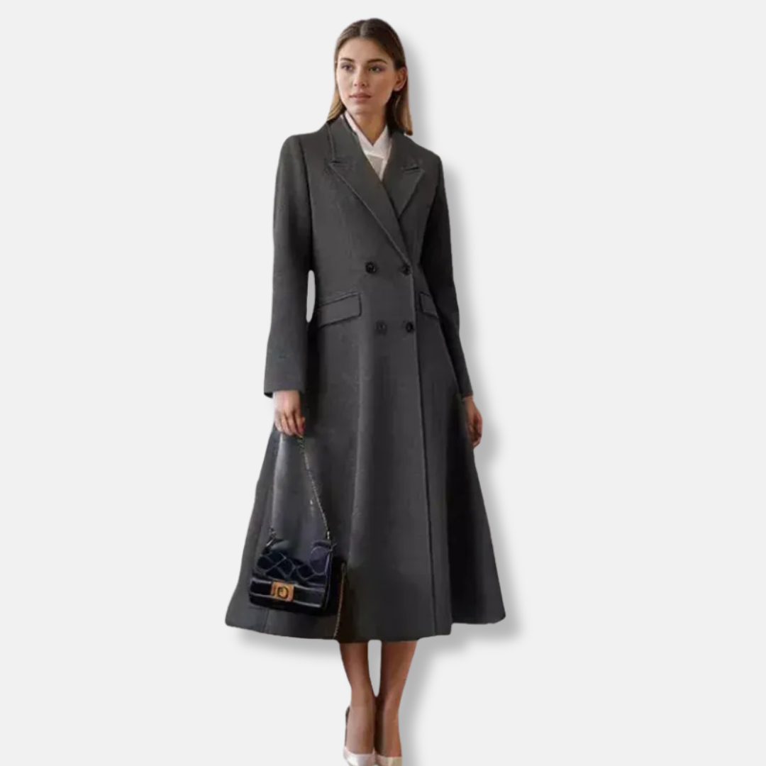 Long Women's Coat – Tailored Fit – Wool Blend – A-line Model – Double Button Row – Classic Lapel Collar