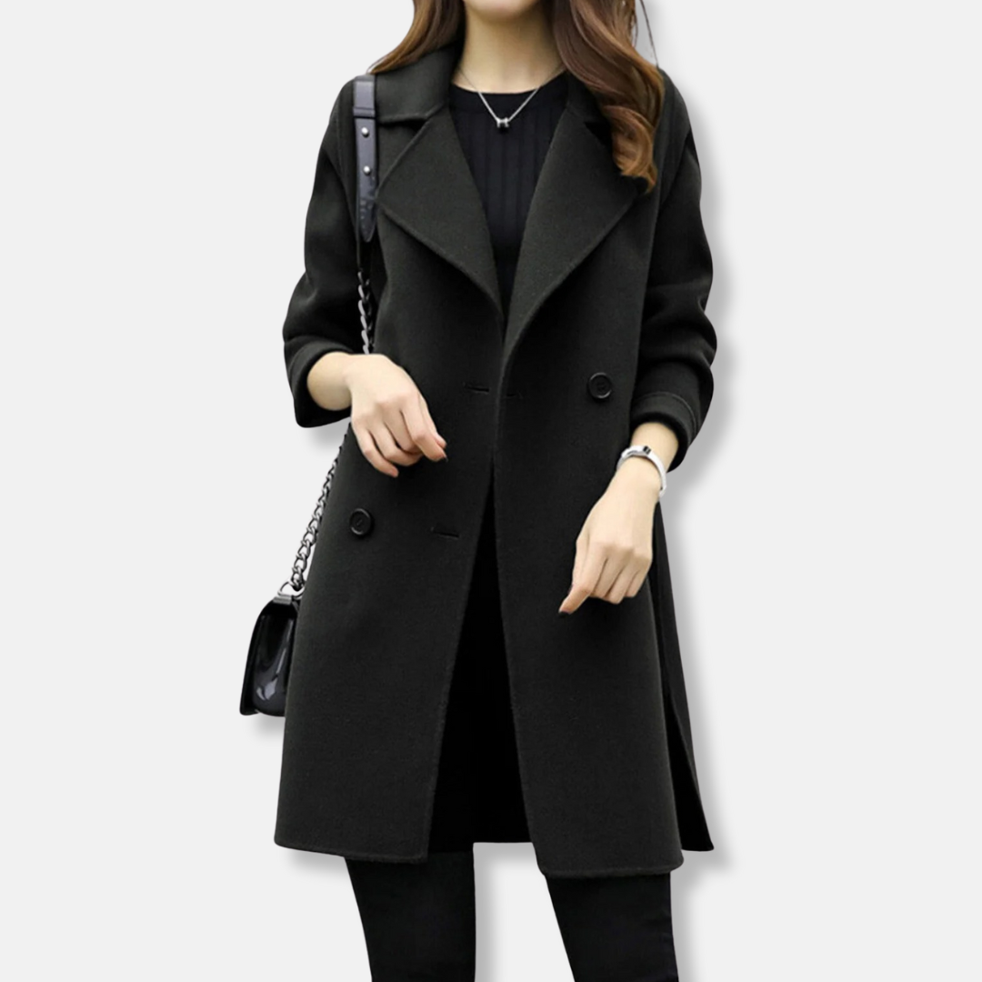 Ladies Coat - Wool Mix - Straight Fit - Lapel Collar - Mid Length - Double Breasted