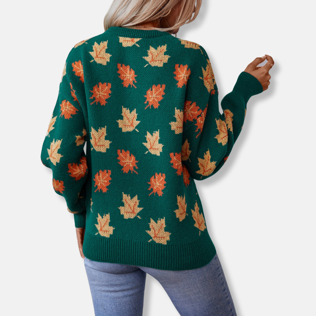 Ladies Sweater – Relaxed fit – Jacquard with leaves – Ribbed neck and cuffs