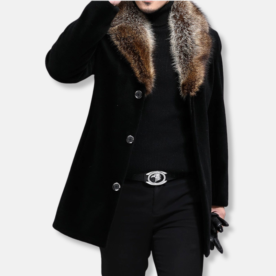Men's Coat – Wool Material – Tailored Fit – Shaggy V-Fur Collar – Buttons
