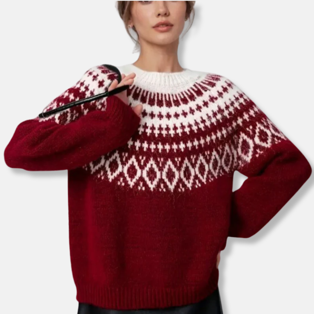 Women's Sweatshirt – Oversized Fit – Chunky Knit Fabric – Fair Isle Pattern – Ribbed Trims