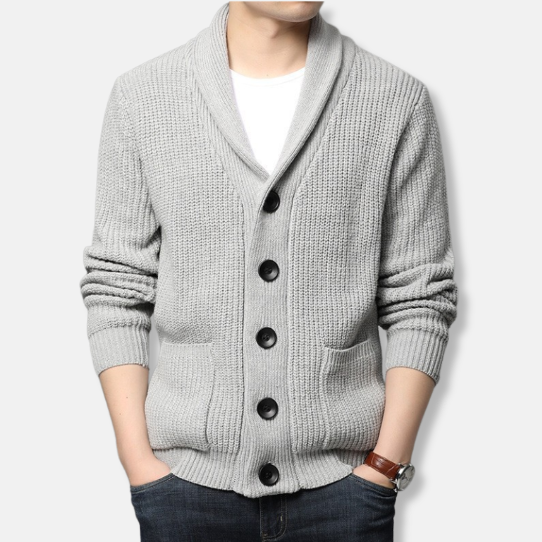 Men's Cardigan – Relaxed Fit – Wool Knit – Shawl Collar – Button Closure – Pocket Details