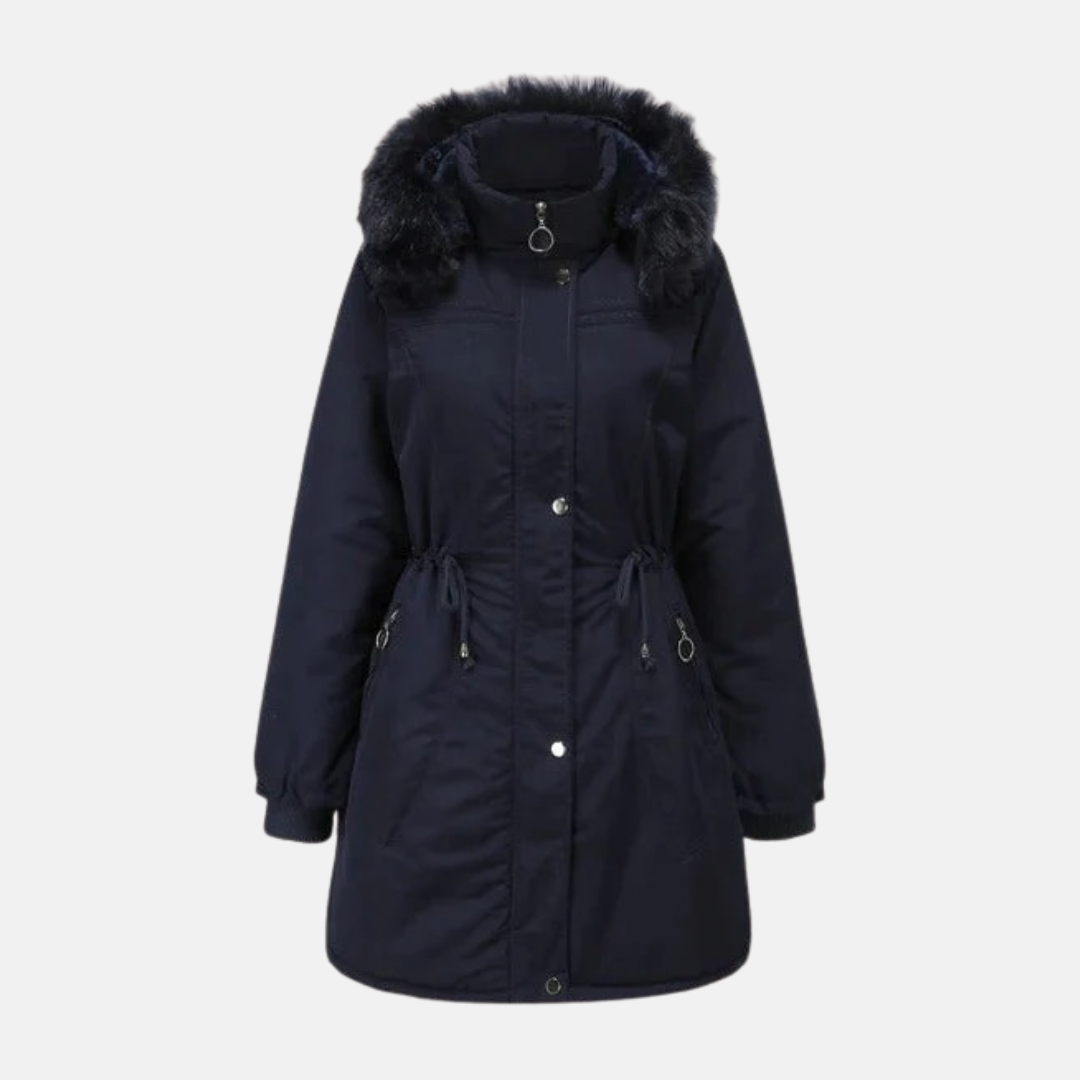Women's Parka Jacket – Lined – Mid-Length – Drawstring Waist – Hood with Faux Fur – Ribbed Cuffs