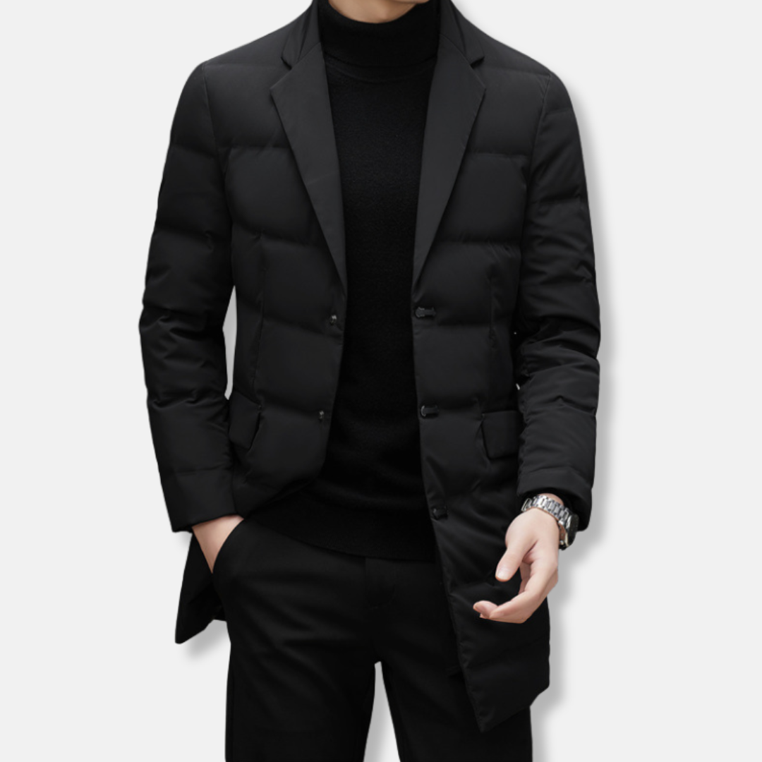 Men's Down Jacket – Mid-Length – Padded – Regular Fit – Notched Collar – Button Closure