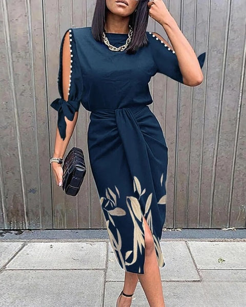 Parelversierde Knoop Midi Jurk met Botanische Print
