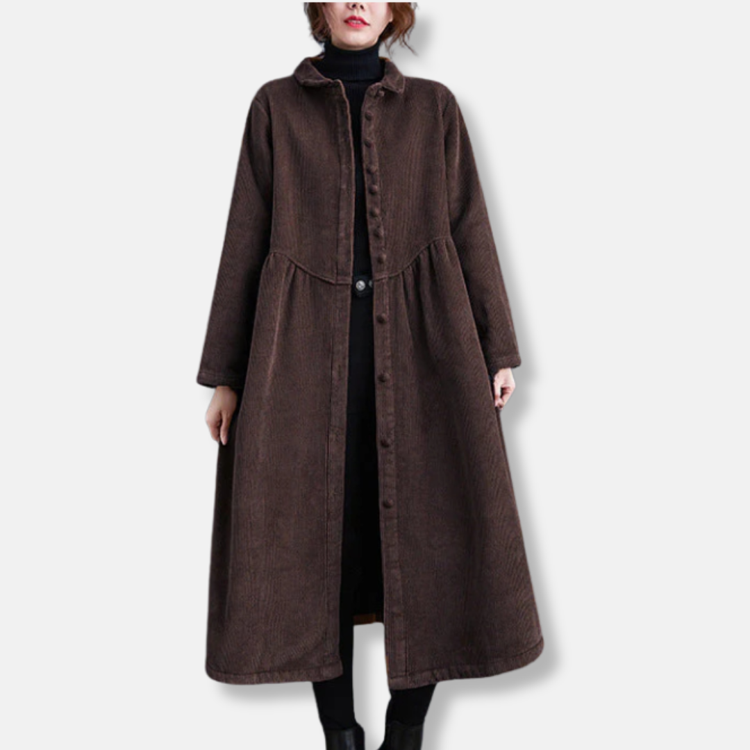 Women's Long Coat – Corduroy – A-line Loose Fit – High Collar – Button Closure – Midi