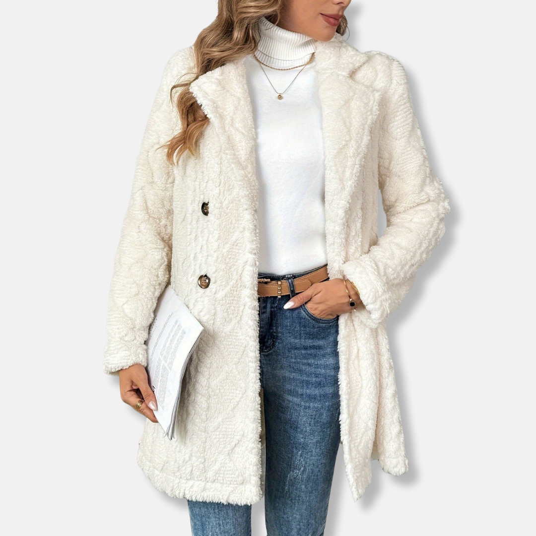 Ladies Coat – Mid-Length – Relaxed Fit – Double-Breasted – Soft Texture – Classic Lapels