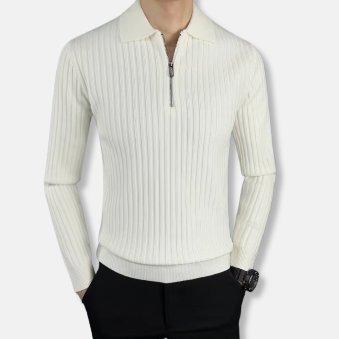 Men's Sweater – Slim Fit – Ribbed Knit – Polo Collar – Half Zip – Long Sleeve