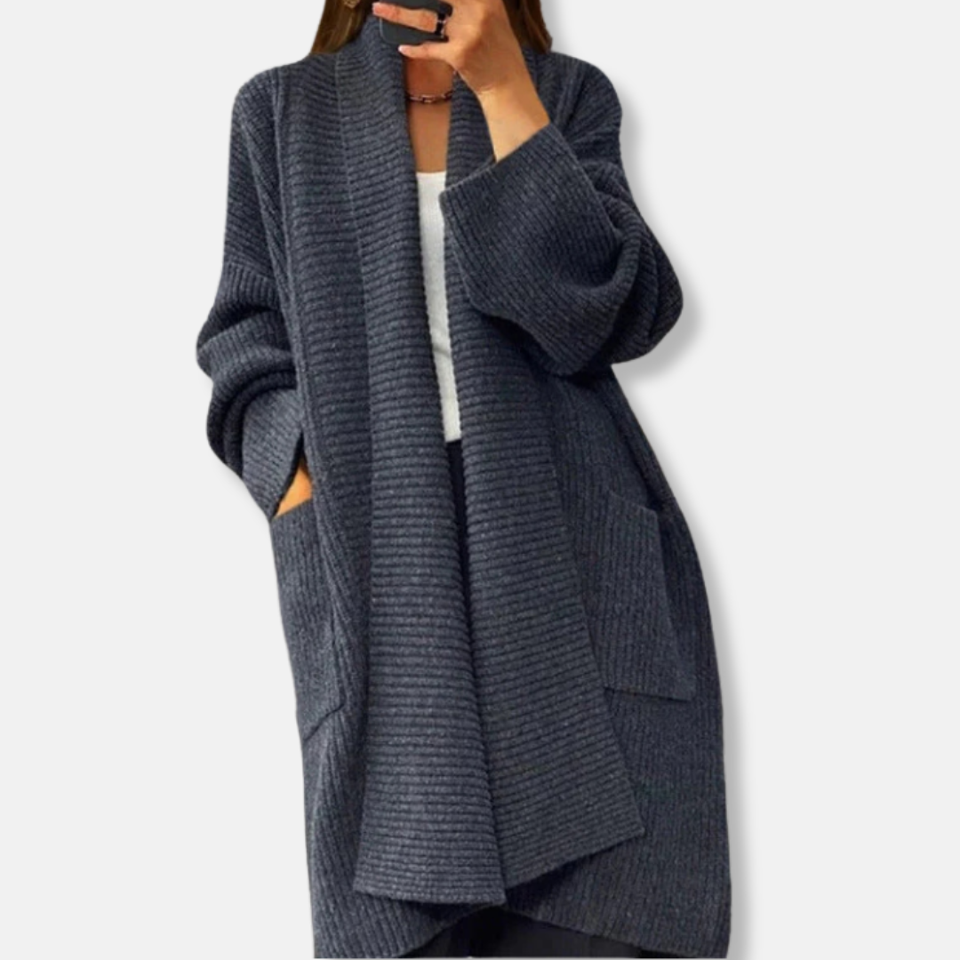 Women's Cardigan Long Model – Ribbed Texture – Oversized Fit – Open Without Closure