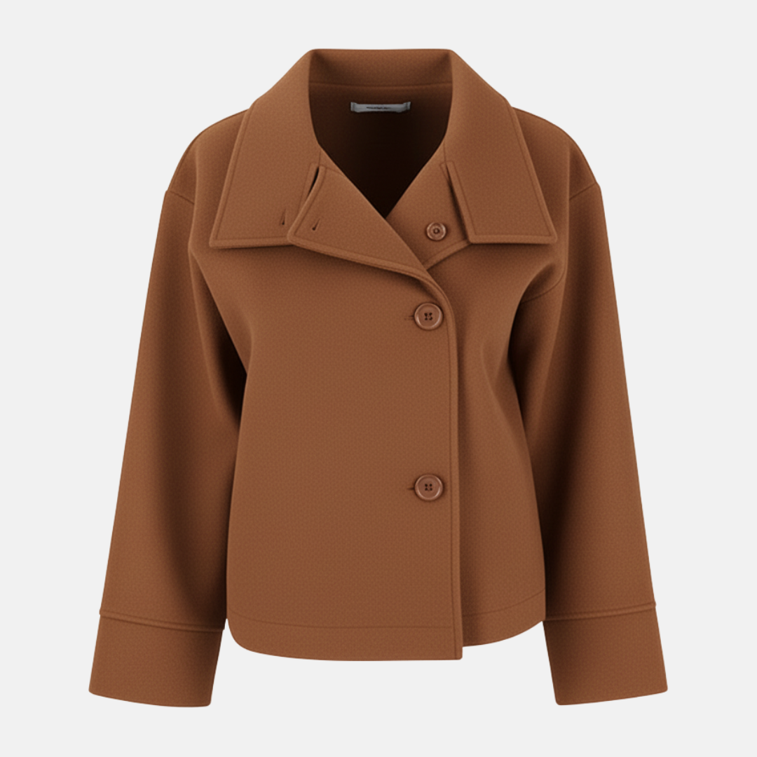 Ladies Coat – Oversized Fit – Woolly – Long Sleeves – Stand-up Collar – Asymmetrical Closure