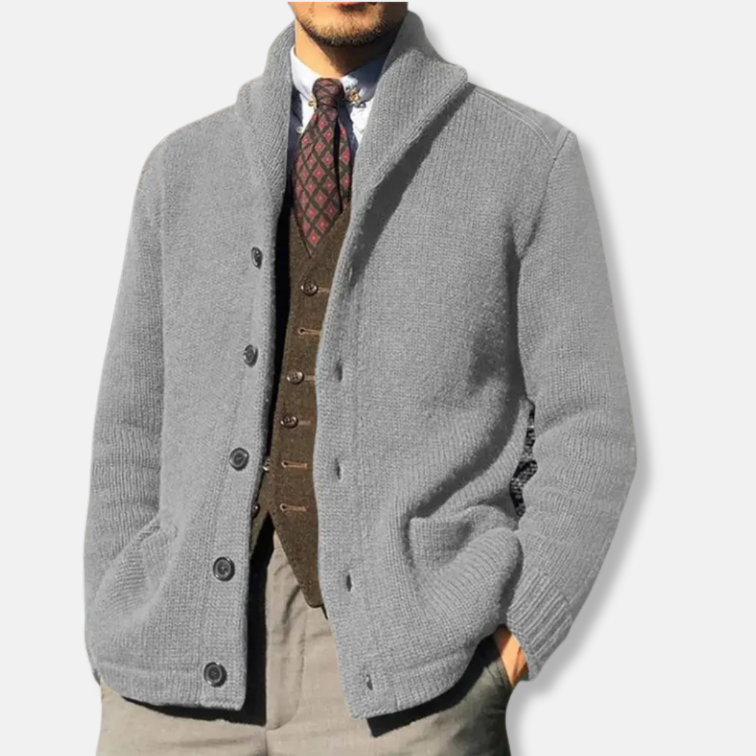 Men's Cardigan – Regular Fit – Knitted – Shawl Collar – Buttons – Ribbed Cuffs – Side Pockets