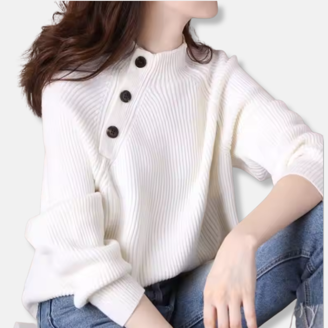 Ladies Pullover Sweater – Loose Fit – Ribbed Texture – Turtleneck – Asymmetrical Buttons