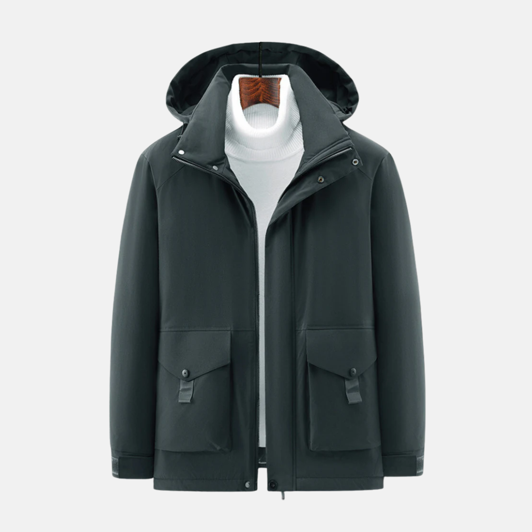 Men's Jacket with Hood – Water-repellent Lined – Mid-length – High Collar – Zipper and Snap Buttons