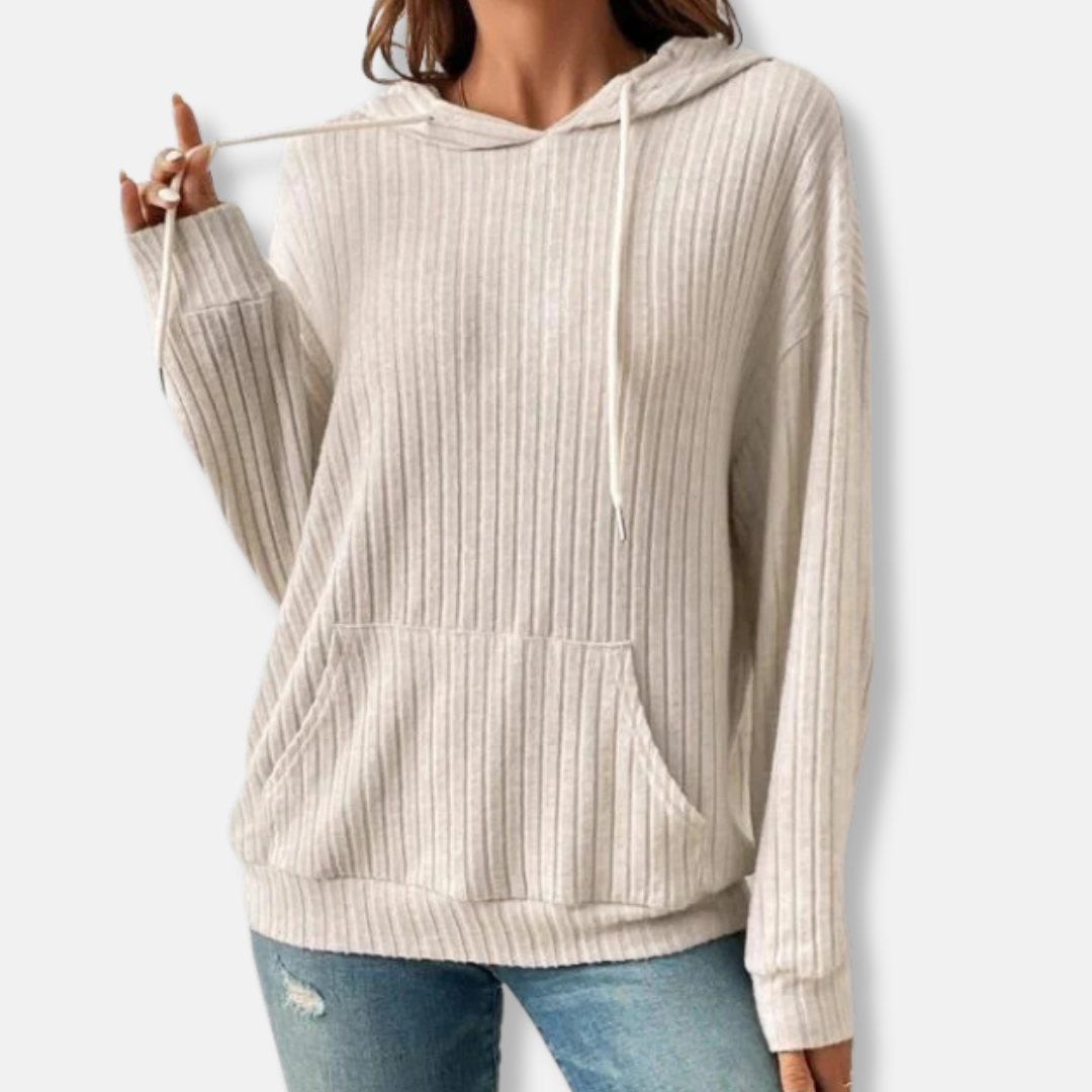 Women's Hoodie Sweater – Relaxed Fit – Ribbed Knit Fabric – Kangaroo Pocket – Drawstring Hood