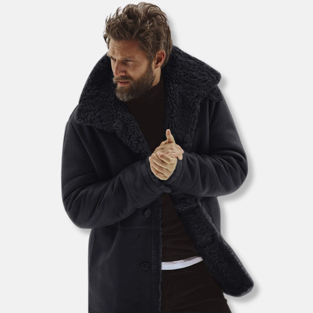 Men's Coat – Relaxed Fit – Shearling Collar and Front – Mid-Length Model