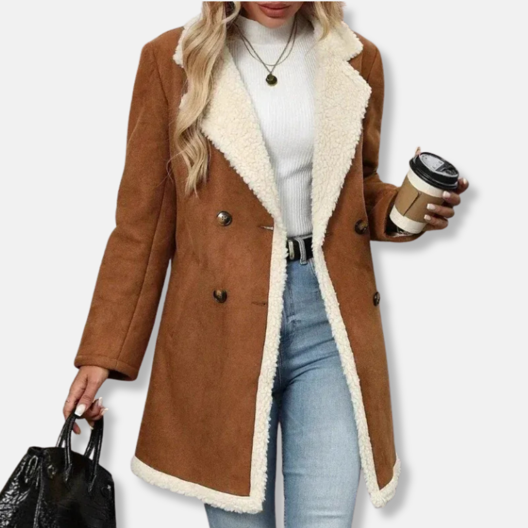 Women's mid-length coat – Relaxed fit– Double-row buttons – Wool blend – Plush lining