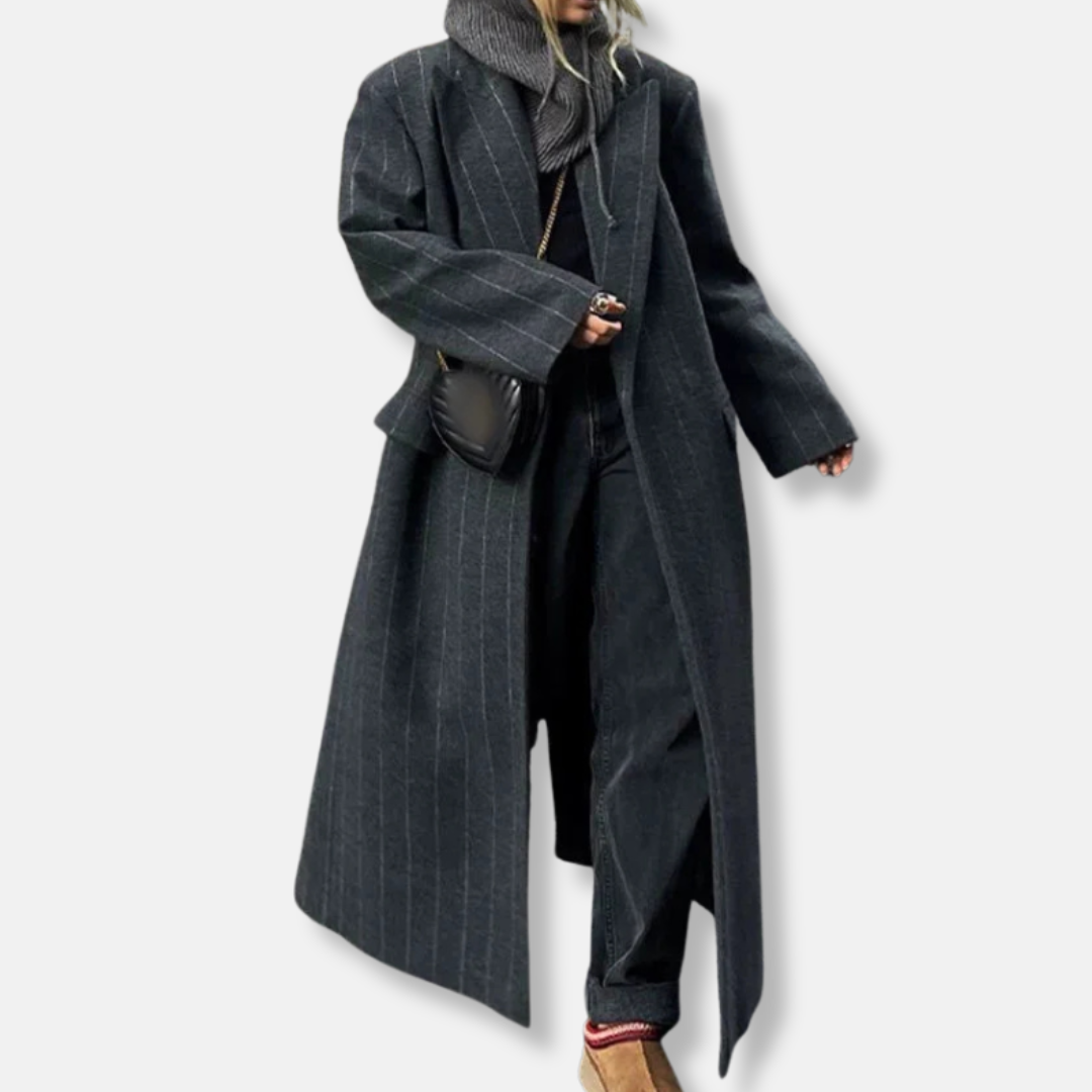 Women's Coat – Oversized Fit – Wool Mix – Pinstripe – Notched Lapel – Flap Pockets