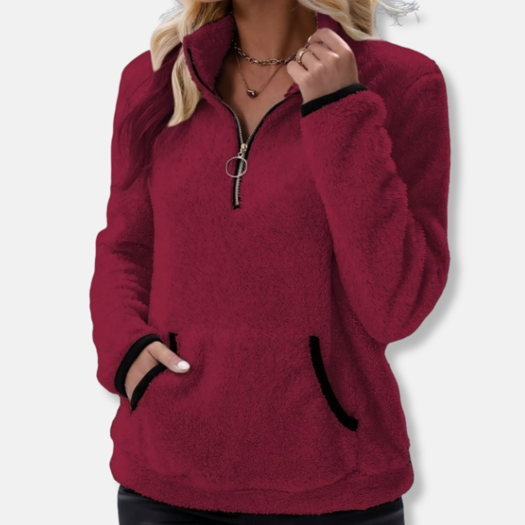 Women's Sweatshirt – Fleece Fabric – Relaxed Fit – Half Zip – With Kangaroo Pocket