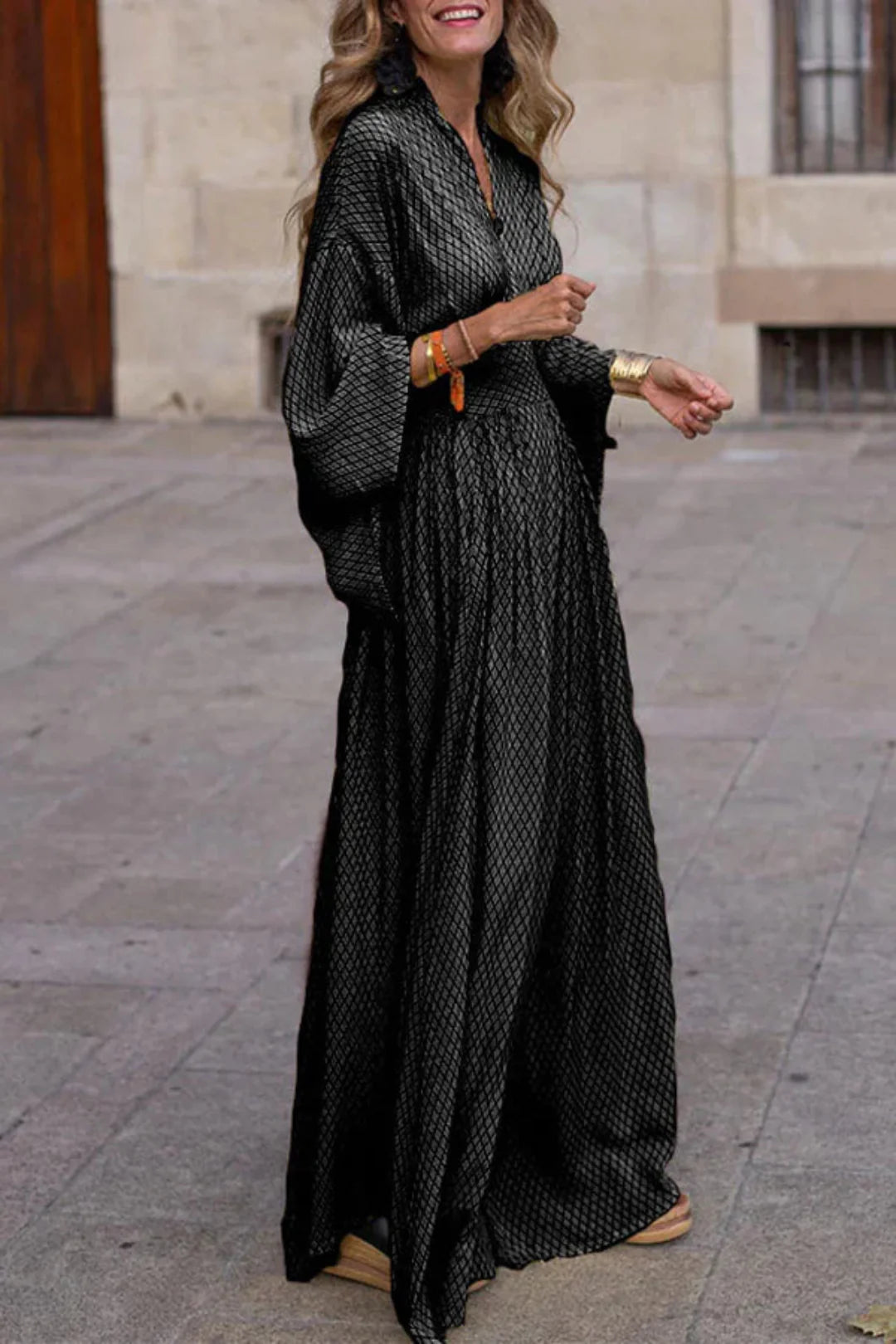 Maxi Jurk met Geometrische Print, V-Hals en Lange Mouwen