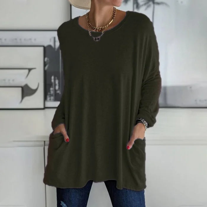 Women's Tunic Top – Loose Fit – Soft Knit Fabric – Long Sleeve – With Pockets