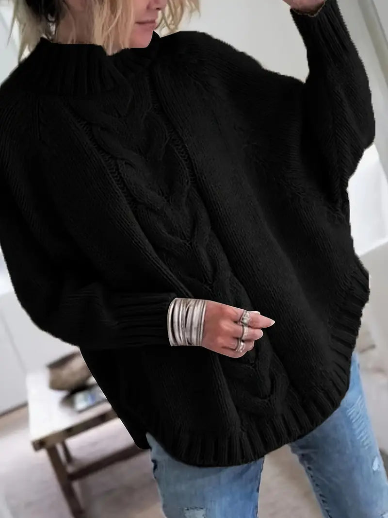Dames Pullover Trui – Oversized Pasvorm – Wol – Turtleneck – Kabelgebreid – Geribde Boorden