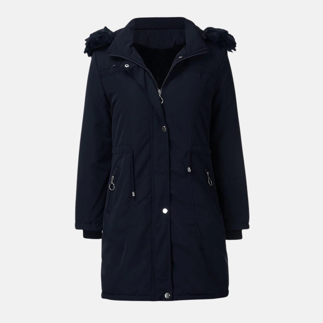 Women's long coat – Lined – Mid-length – Hood with faux fur – Drawstring waist