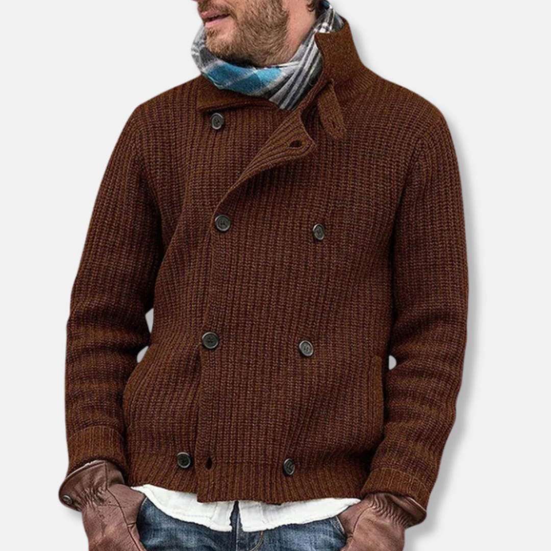 Men's Jacket - Knitted - High Collar - Double-Breasted Closure - Ribbed Trim