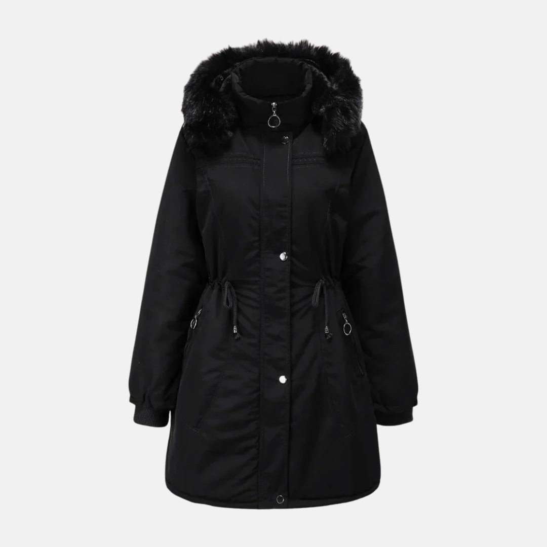 Women's Parka Jacket – Lined – Mid-Length – Drawstring Waist – Hood with Faux Fur – Ribbed Cuffs