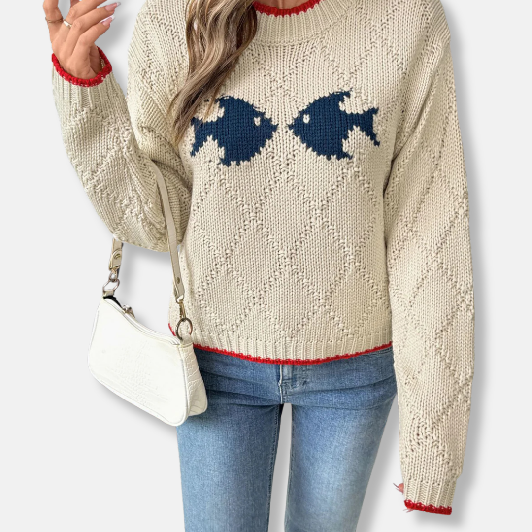 Women's Sweater – Relaxed Fit – Wool Blend – Diamond Pattern – Contrasting Trims
